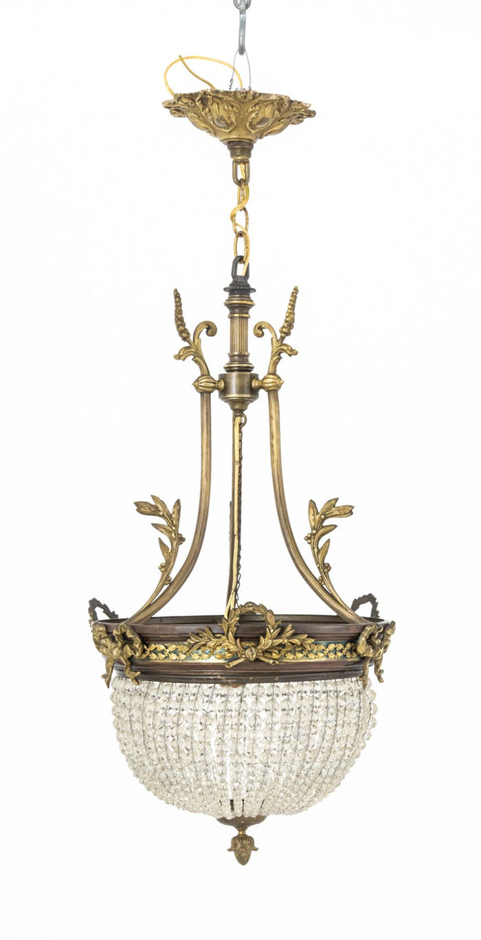 Italian Brass Drop Crystal Basket Chandelier