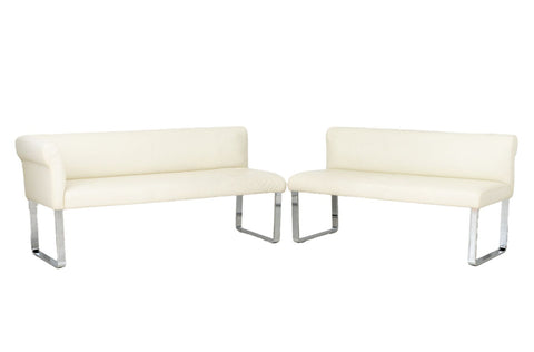 White Leather Upholstered Chrome Banquettes, Pair
