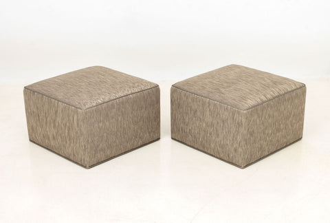 Modern Gray Upholstered Ottomans, Pair