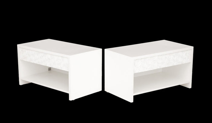Modern White Rose Motif Nightstands, Pair