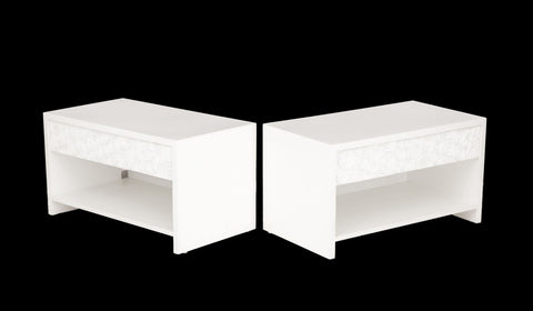 Modern White Rose Motif Nightstands, Pair