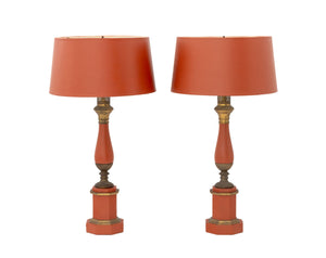 Italian Orange Toleware Table Lamps, Pair