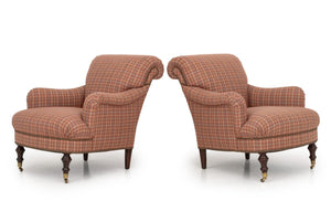 Red Plaid Upholstered Easy Chairs, Pair
