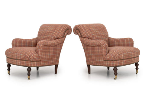 Red Plaid Upholstered Easy Chairs, Pair