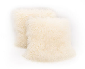 White Mongolian Lamb Pillows, Pair
