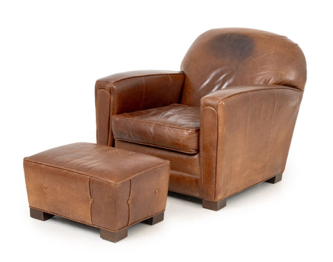 Art Deco Brown Leather Club Chair and Ottoman