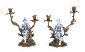 Chinoiserie Porcelain and Brass Candlesticks, Pair