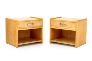 Modern Walnut and Rattan Nightstands, Pair