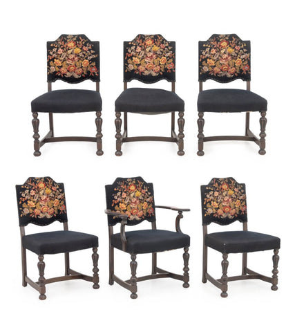 Floral Needlepoint Upholstered Dining Chairs, 6
