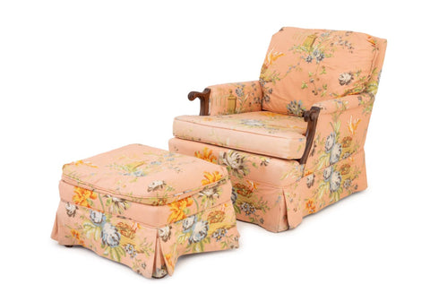 Peach Floral Upholstered Lounge Chair and Ottoman