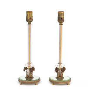 Art Deco Cut Crystal and Brass Lamps, Pair