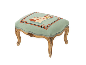 Signed Spaniel Motif Needlepoint Footstool, 1974