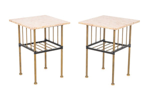 Modern Pink Travertine Brass Side Tables, Pair