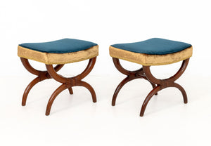 Empire Style Velvet Upholstered Curule Stools, Pr.