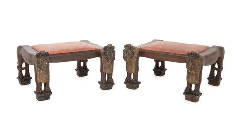 Egyptian Revival Carved Wood Lion Benches, Pair