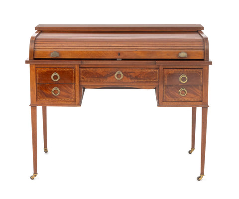 Edwardian Mahogany Inlaid Tambour Cylinder Desk