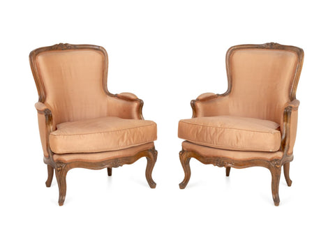 Nicolas Foliot Louis XV Walnut Bergeres, Pair