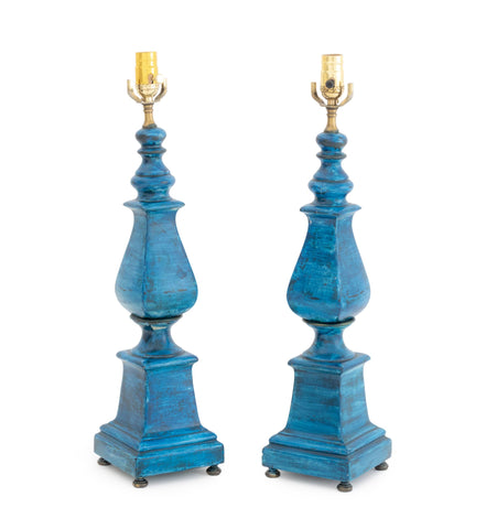Modern Blue Painted Ceramic Table Lamps, Pair