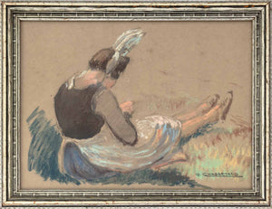 Gaston Chabernaud "Peasant Girl" Pastel & Wash