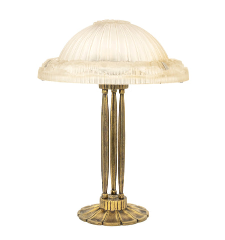 Art Deco Signed Frosted Glass and Brass Table Lamp