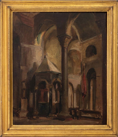 Italian Church Interior Oil on Canvas, 19th Century