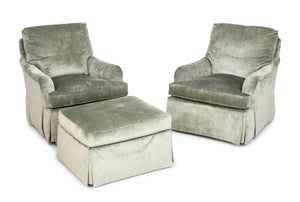 Baker Gray Velvet Upholstered Chairs and Ottoman