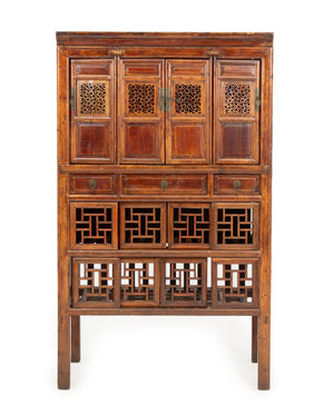 Chinese Carved Elm Wood Cabinet