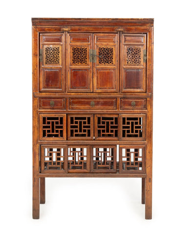 Chinese Carved Elm Wood Cabinet