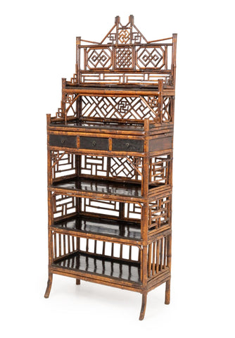 Aesthetic Movement Chinoiserie Bamboo and Elm Etagere, 19th Century