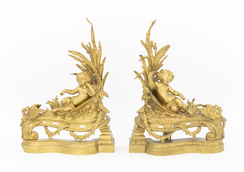 Louis XV Style Cherub Motif Brass Chenets, Pair