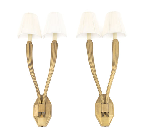 Art Deco Style Brass 2-Branch Wall Sconces, Pair