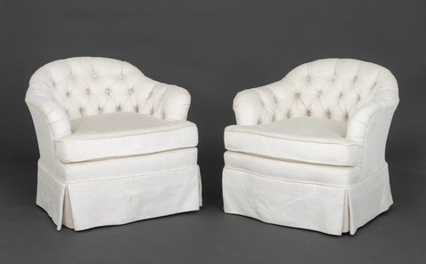 Tufted White Upholstered Swivel Chairs, Pair