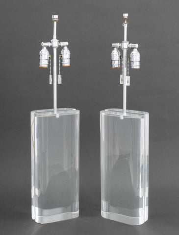Modern Clear Acrylic and Chrome Table Lamps, Pair