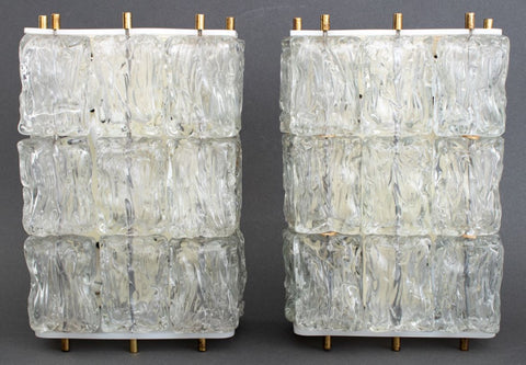 Venini Style Ice Block Glass Wall Sconces, Pair