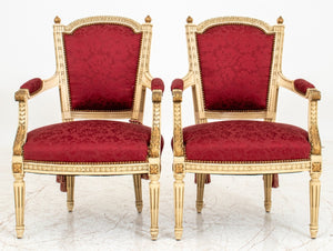 Louis XVI Style Gold & White Painted Arm Chairs, Pair (8327433879859)
