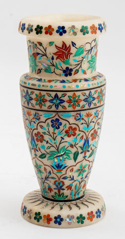 Indian Alabaster Vase w/ Semi-Precious Stone Inlay