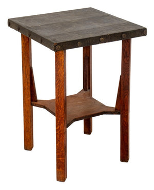 Arts and Crafts Leather Topped Oak Table (8359046971699)