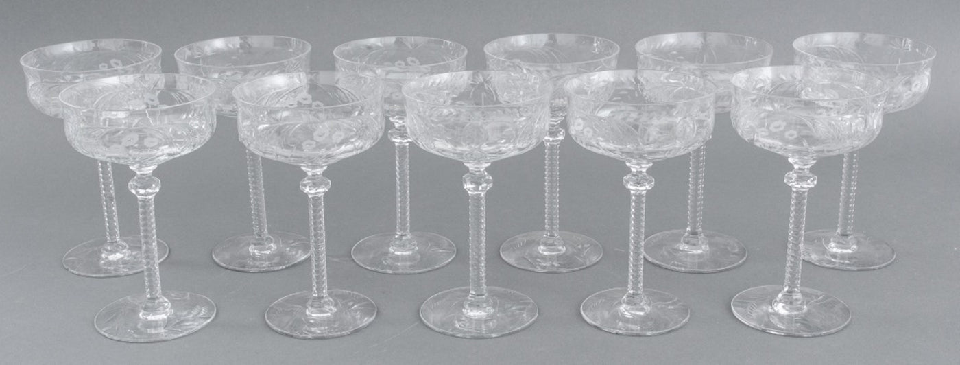 Set of 4, Vintage Etched Crystal Champagne Coupes by Rock Sharpe