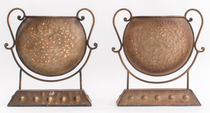 Patinated Metal Plant Vessels on Stands, Pair