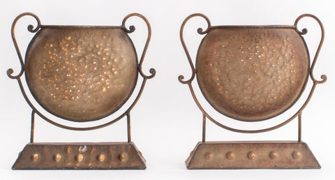 Patinated Metal Plant Vessels on Stands, Pair