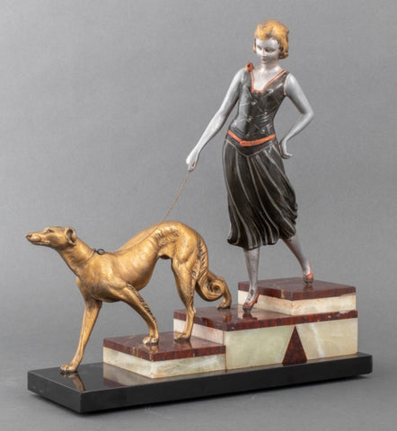 Art Deco Style Sculpture Woman & Greyhound