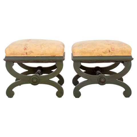 Victorian Upholstered Painted Wood Stools, Pair