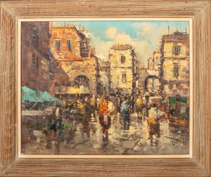 Illegibly Signed European Street Scene Oil Painting (8526295269683)