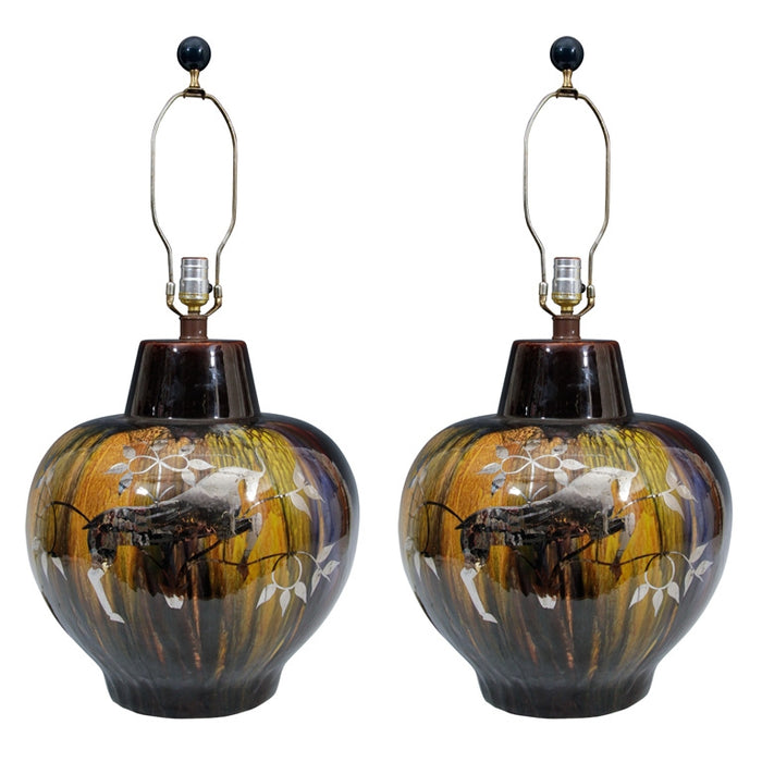 Pair of Drip Glaze Ceramic Lamps with Silver Overlay Gazelles