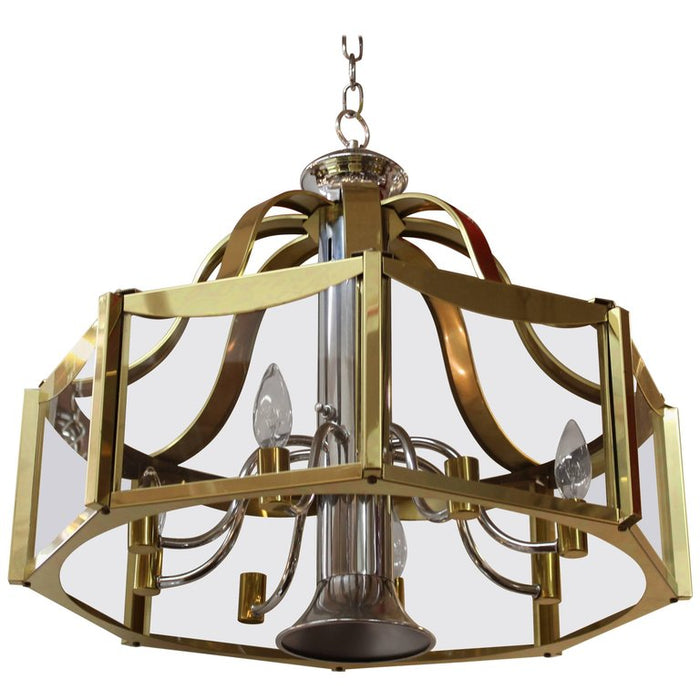 Fredrick Ramond Chandelier with Glass Panels in Brass and Chrome