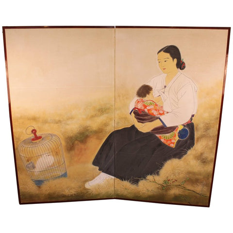 Shibata Suika Japanese Painted Paper Screen with Okinawan Mother and Child
