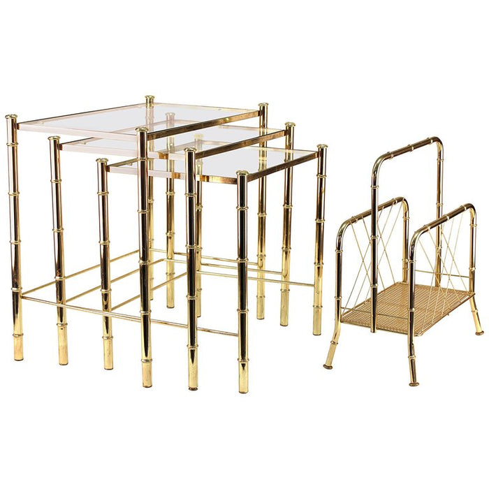 Nesting Tables and Magazine Stand Set with Faux Bamboo Design in Gilt Metal