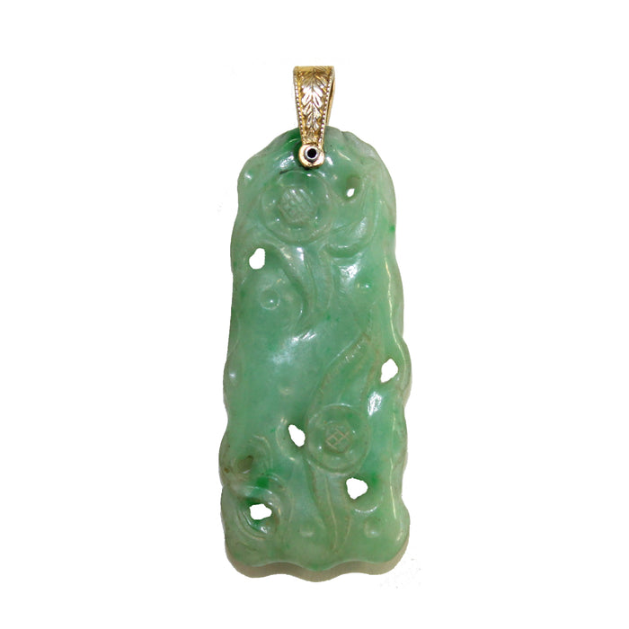 Carved Jade Oblong Pendent with 14K Gold Loop