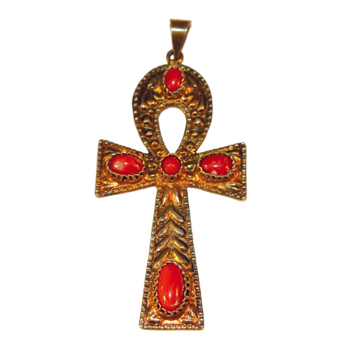 Egyptian Style Vermeil Silver and Coral Ankh Pendant