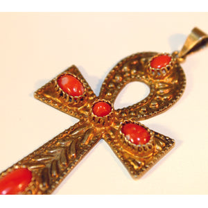 Egyptian Style Vermeil Silver and Coral Ankh Pendant (6719708070045)